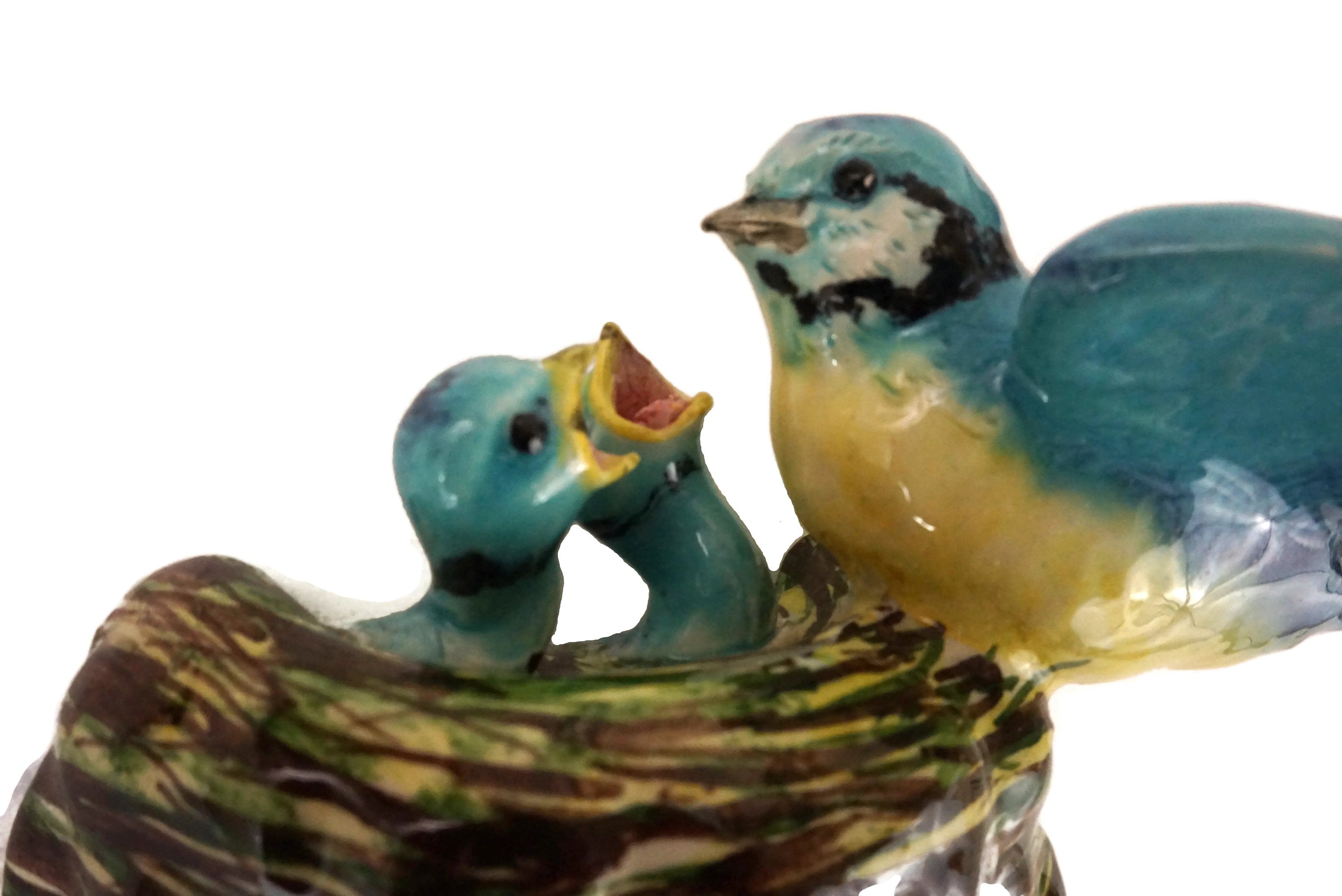 Vintage Pottery Blue Birds Figurine, French Ceramic Wall Hanging Nest