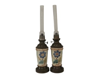 Antique French Majolica Oil Lamps, Pair of 19th Century Ceramic and Brass Lights with Glass Chimneys