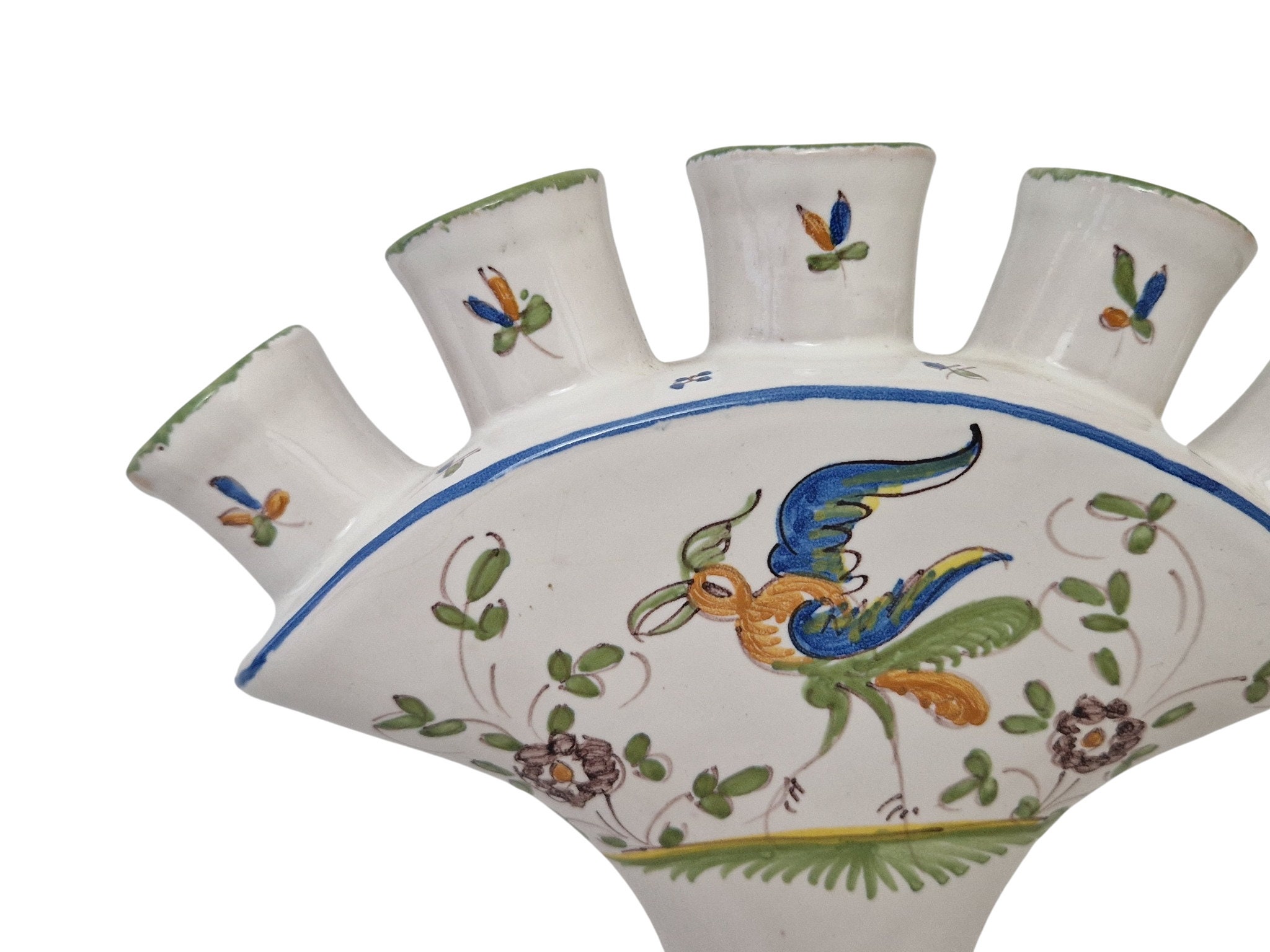 French Moustiers Ceramic Tulip Vase, Hand Painted Pottery Flower Holder