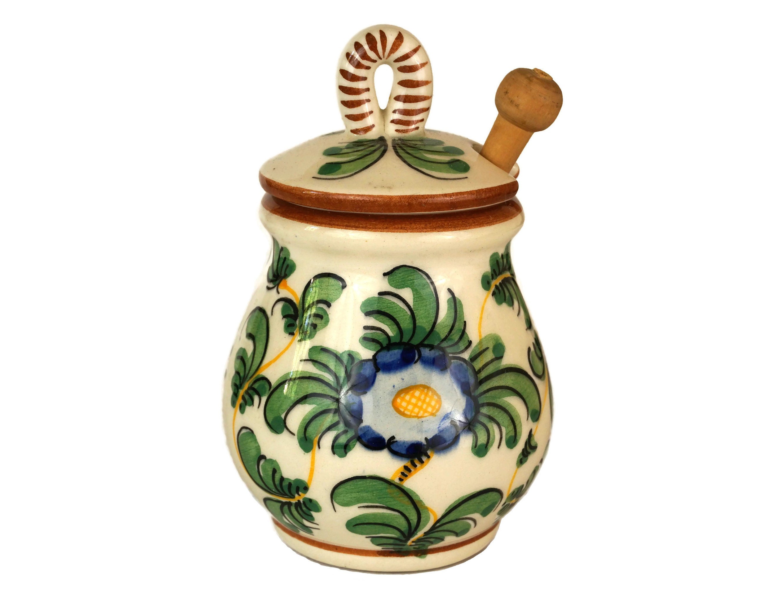 Vintage French Ceramic Mustard Pot, Hand Painted Faience Condiment Jar