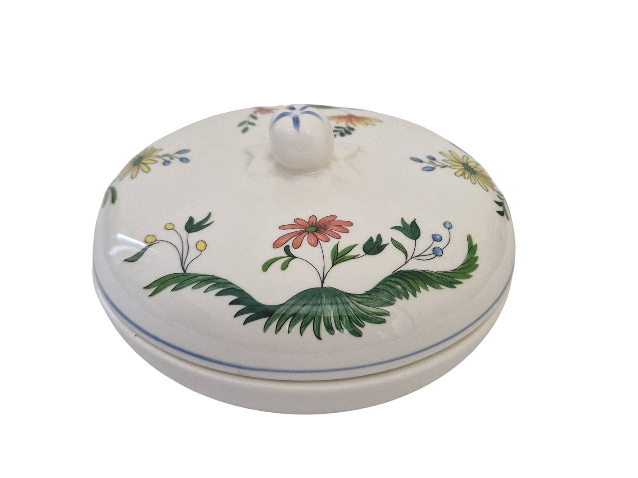 Gien Ceramic Candy Dish with Birds of Paradise, French Faience Lidded