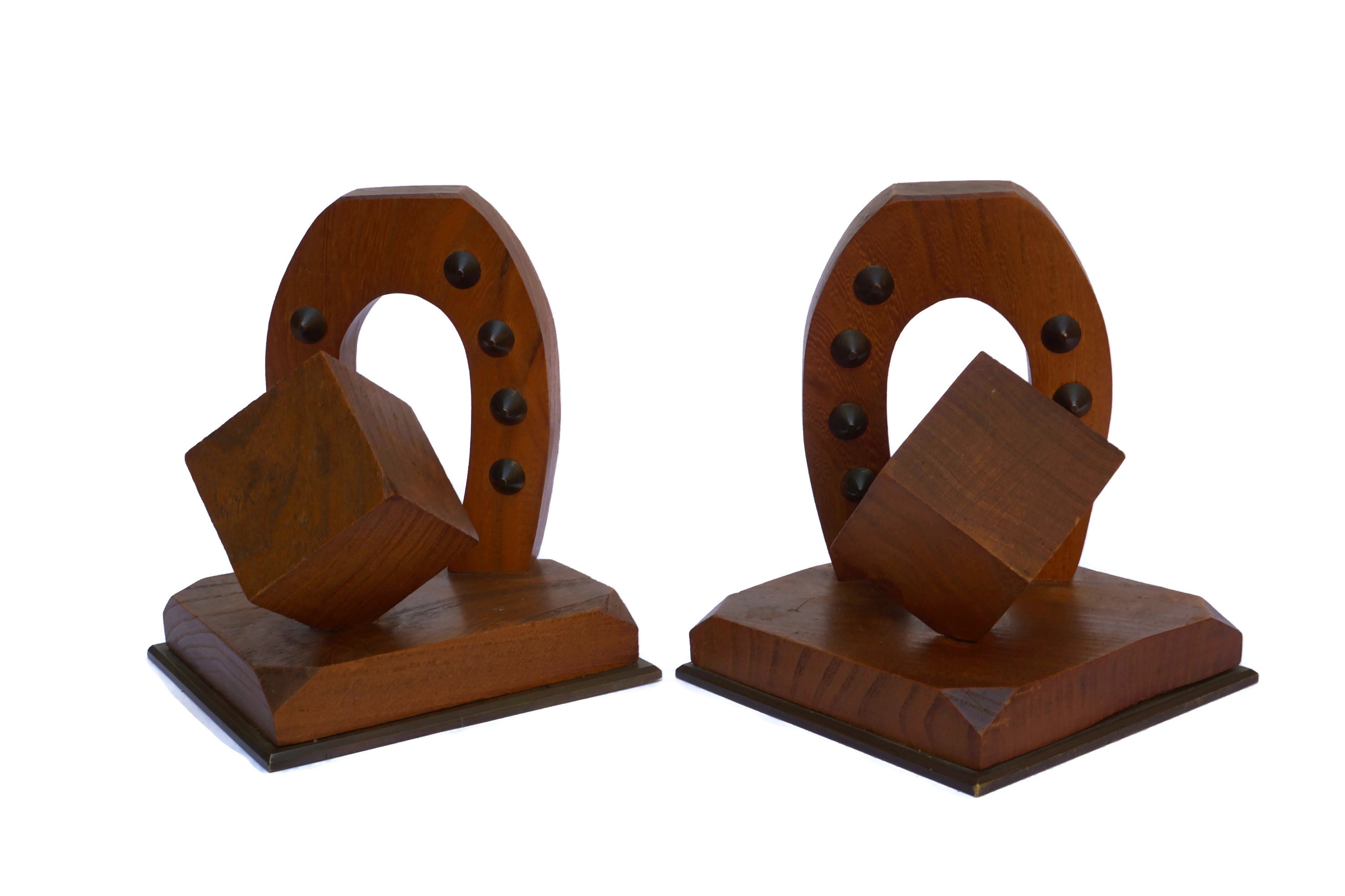 Art Deco Horse Shoe Bookends, Hand Carved Wood and Bronze