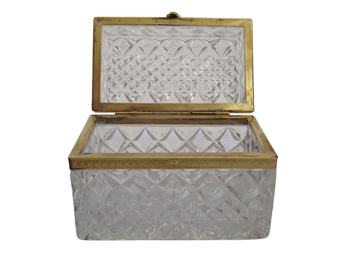 Antique French Crystal Jewelry Box, Charles X Hand Cut Glass Coffret Casket with Gilt Bronze Hardware