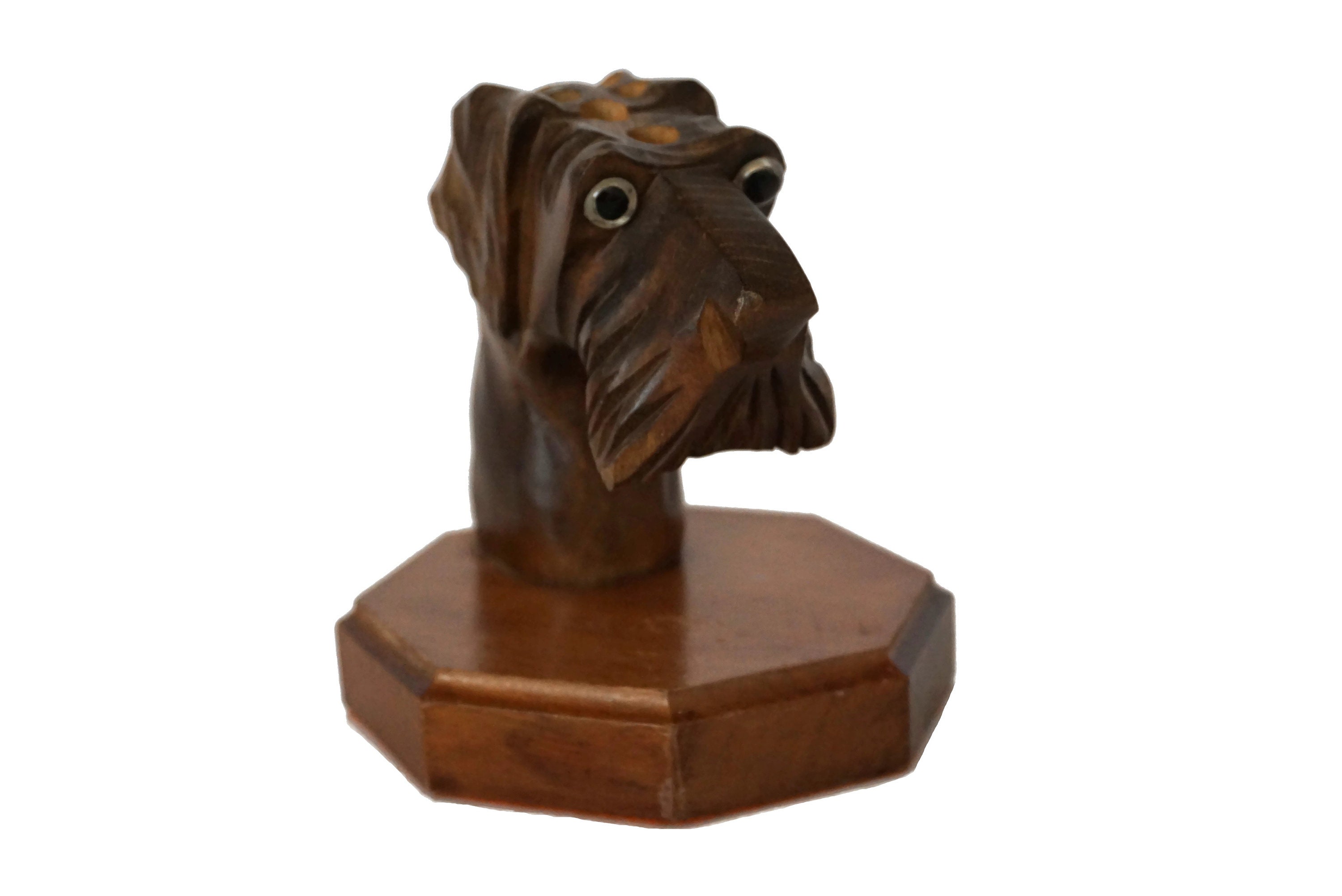 Art Deco Figurine Pencil Holder, French Antique Hand Carved Wood Terrier