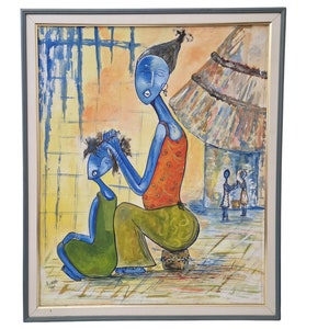 African Mother and Child Painting, Modernist Blue Women Wall Art image 1