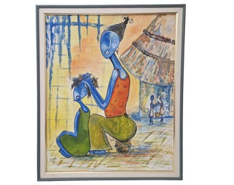 African Mother and Child Painting, Modernist Blue Women Wall Art