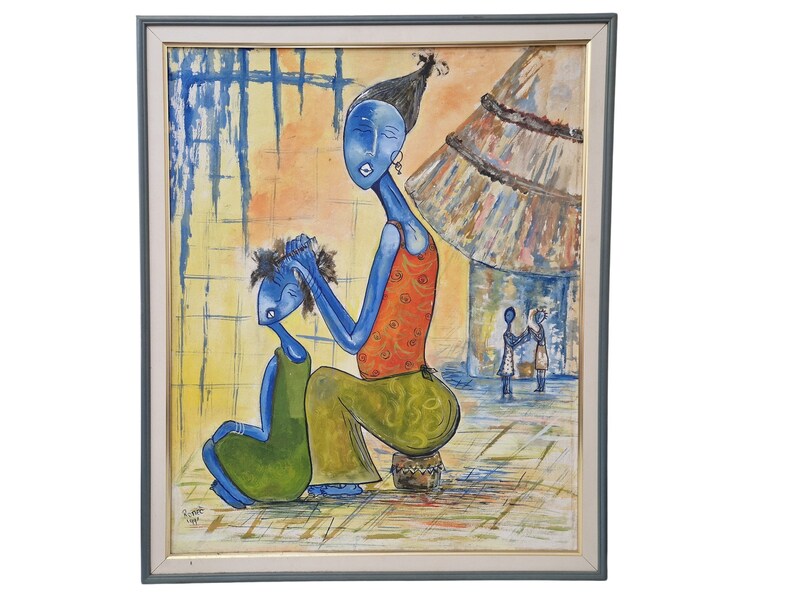 African Mother and Child Painting, Modernist Blue Women Wall Art image 1