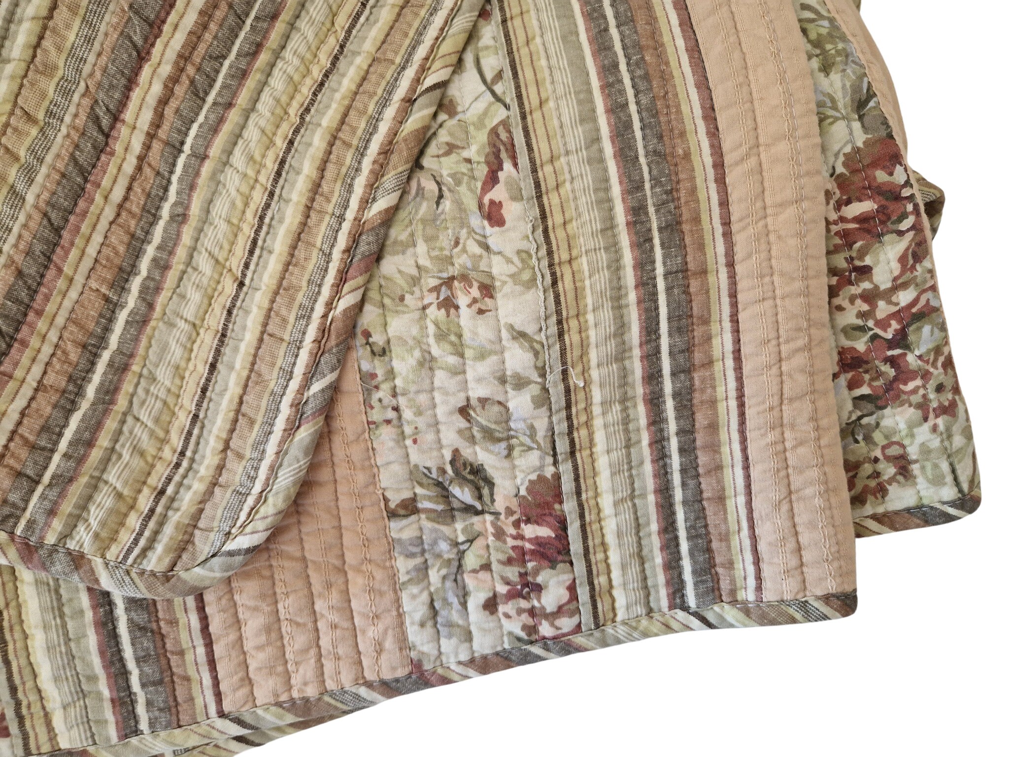 Vintage French Quilt with Rose and Stripe Printed Cotton, Shabby French