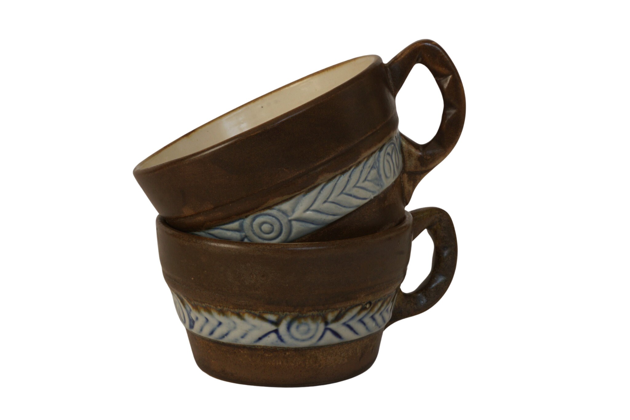 Antique HB Quimper Pottery Cups Pair in Odetta Pattern, French Pottery