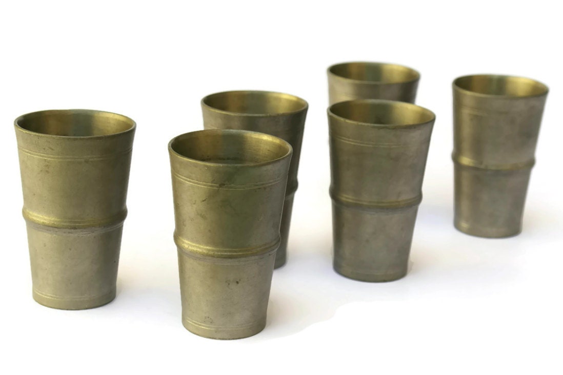 Pewter Shot Glasses Set of 6. Vintage Barware Liquor Glass Set.