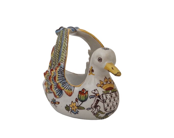 Antique Desvres Faience Duck Figurine Salt Cellar by Gabriel Fourmaintraux, French Hand Painted Ceramic Table Decor