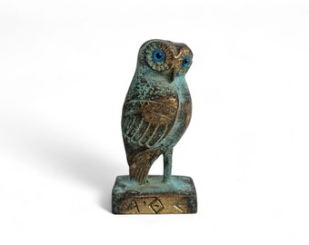 Figurine hibou athénien en bronze vintage, décor de la mythologie grecque antique