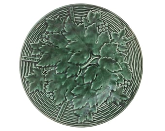 French Green Majolica Plate with Grape Vine Leaf and Basket Weave Pattern by GIEN