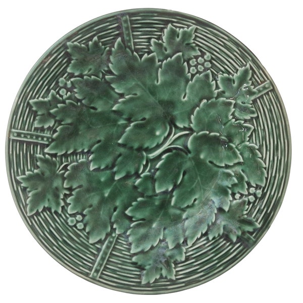 French Green Majolica Plate with Grape Vine Leaf and Basket Weave Pattern by GIEN