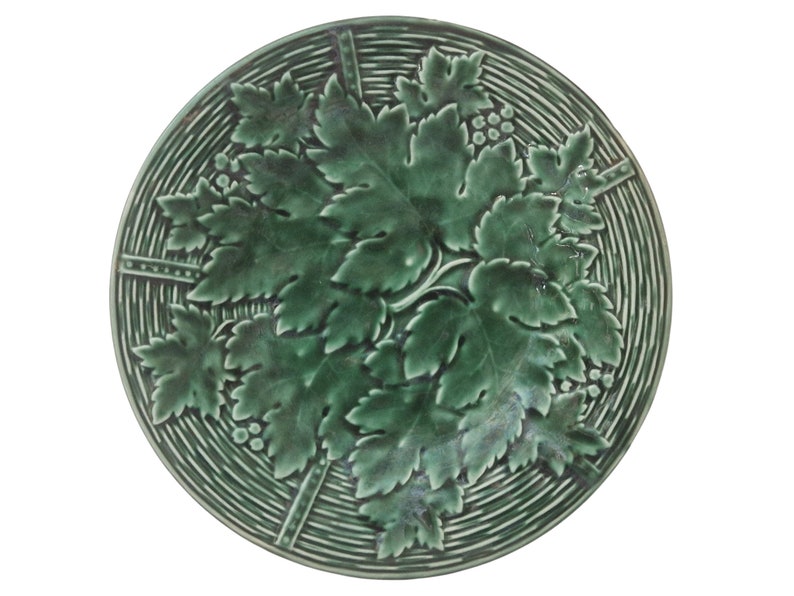 French Green Majolica Plate with Grape Vine Leaf and Basket Weave Pattern by GIEN image 1