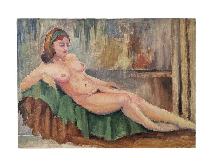 Reclining Nude Woman Painting, French Mid Century Naked Lady Portrait, Suzanne Ouvrier Erotic Art