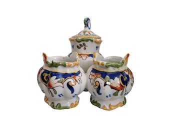 Français Desvres Faience Buret Set avec Pot à Moutarde, Salière et Poivre par Georges Martel, Décor de Table en Céramique Peint à la Main