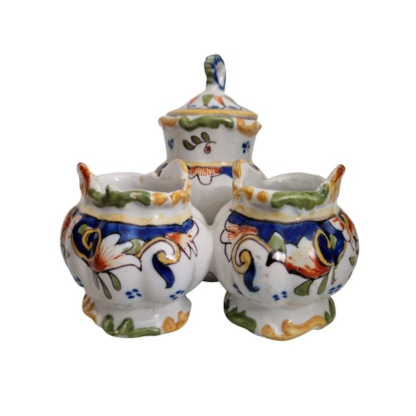French Desvres Faience Cruet Set with Mustard Pot, Salt and Pepper Cellars by Georges Martel, Hand Painted Ceramic Table Decor