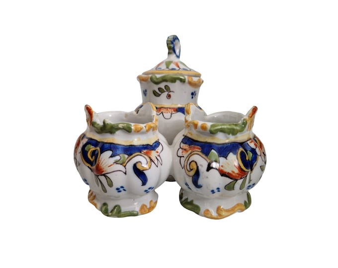 French Desvres Faience Cruet Set with Mustard Pot, Salt and Pepper Cellars by Georges Martel, Hand Painted Ceramic Table Decor