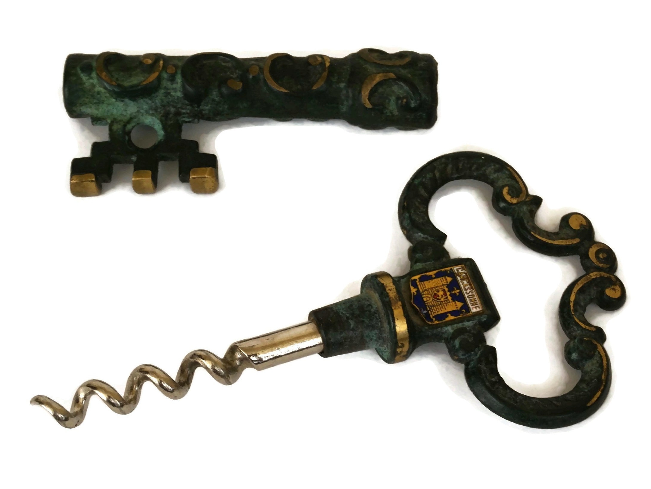 Vintage Brass Skeleton Key Corkscrew, French Wine Bottle Opener, Bar Gifts  and Decor