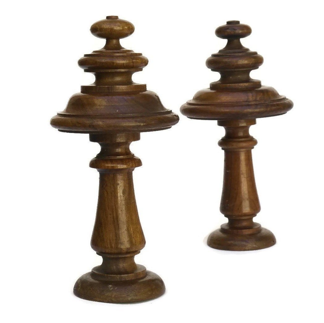 Pair of French Antique Salvaged Wooden Curtain Rod Finials