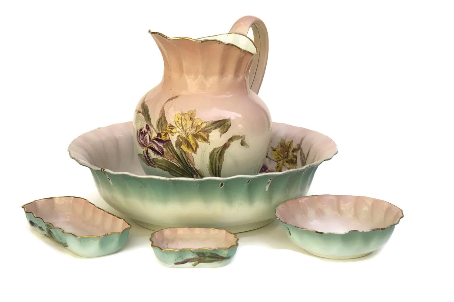 Antique French Pink Enamelware Bathroom Set