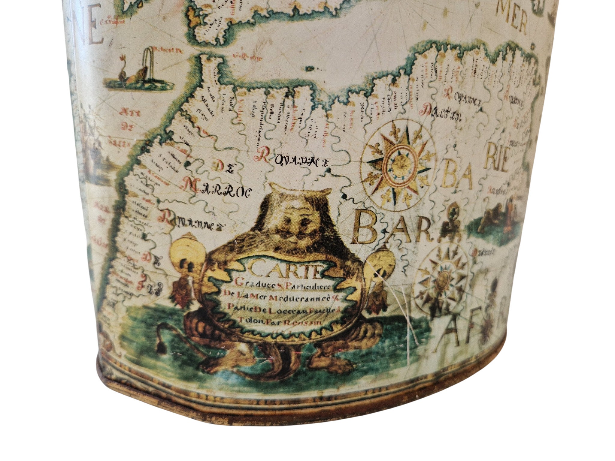 Vintage French Tole Waste Basket with Antique Style Map of Europe by