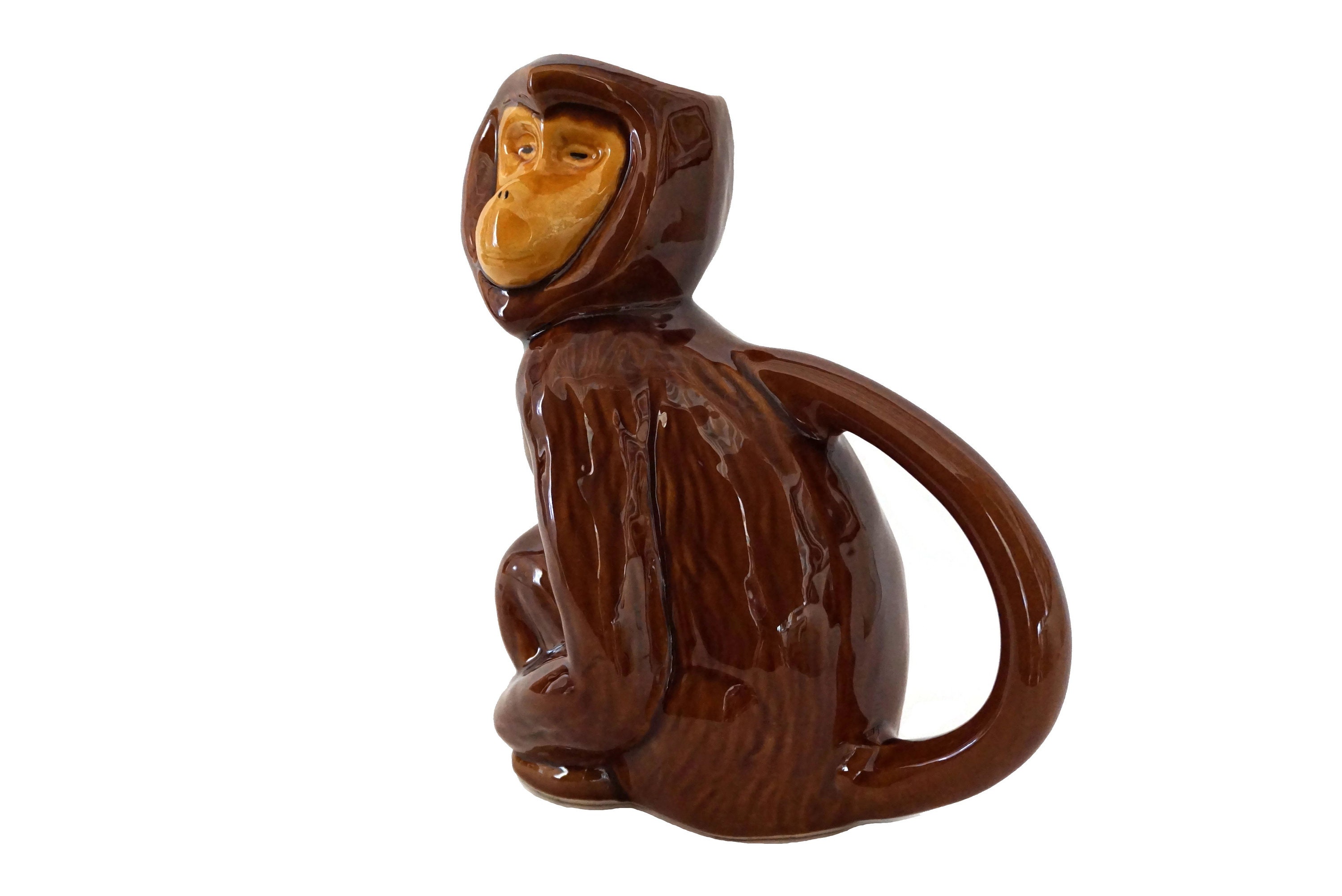 French Majolica Monkey Pitcher, Figural Pottery Animal Water Jug