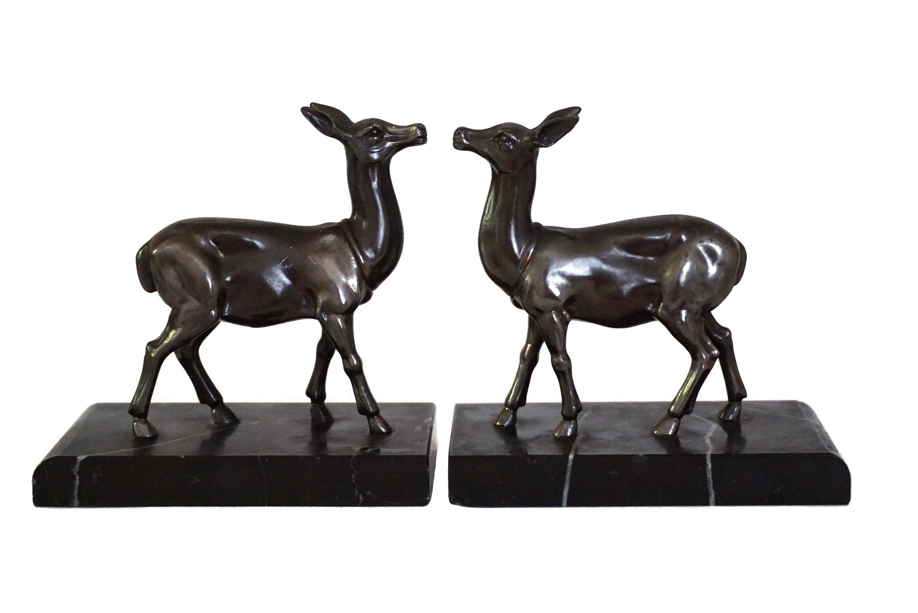 Art Deco Deer Figurine Bookends, Pair of French Marble and Woodland