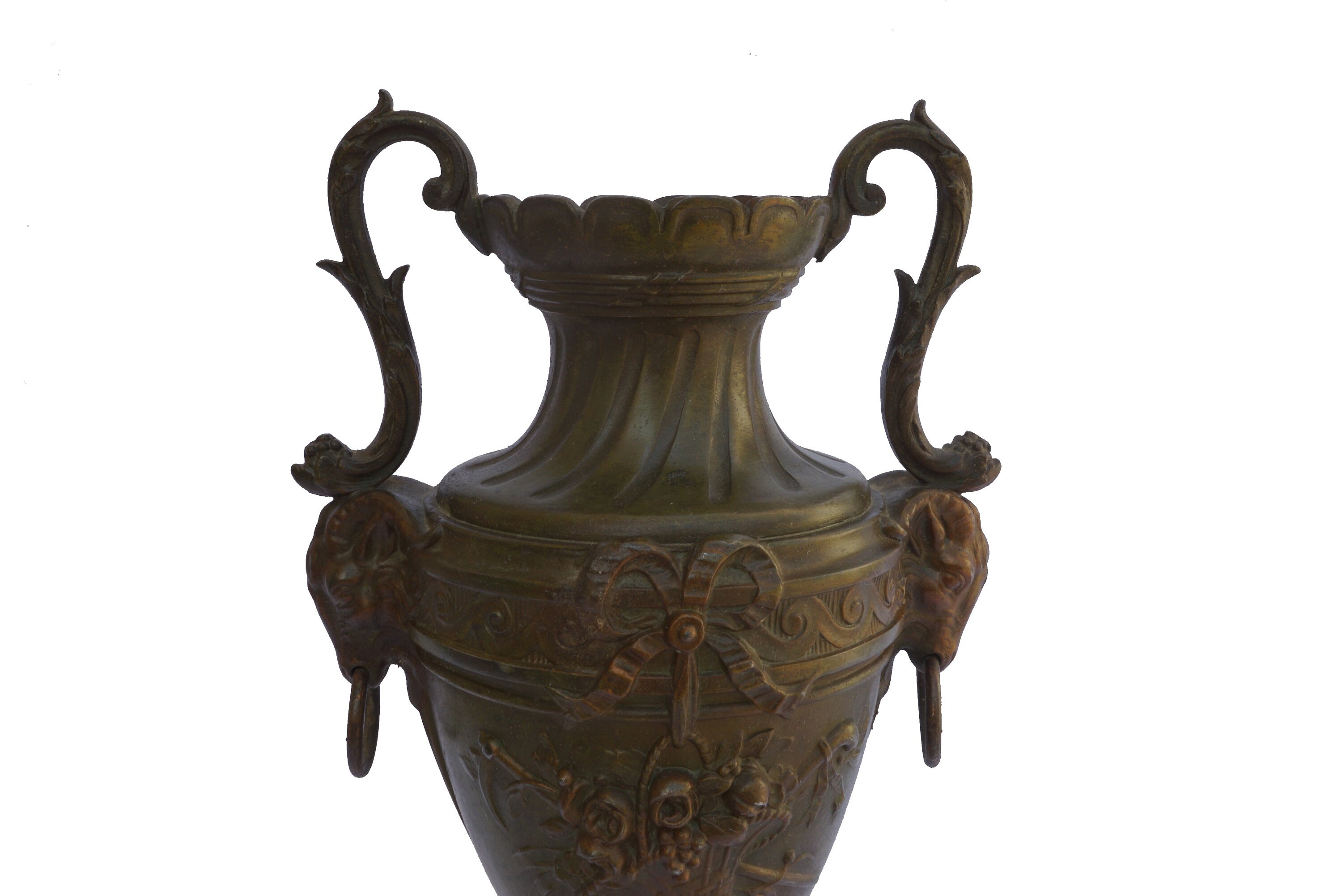 Antique Urn Vase with Ram Head Figurine Handles, Mantel Garniture French Home Decor