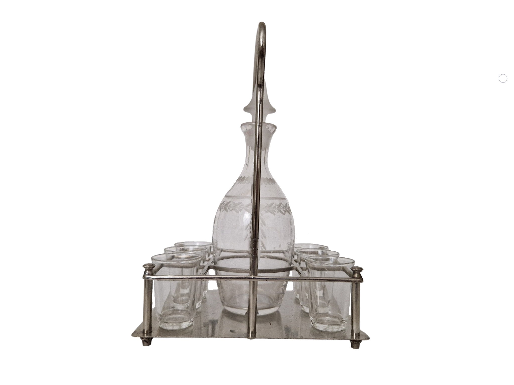 Art Deco Decanter and Shot Glass Set in Caddy, Antique French Glassware