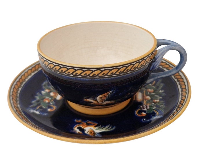 Gien Blue Renaissance Tea Cup and Saucer Set, Hand Painted French Faience Mythology Griffon