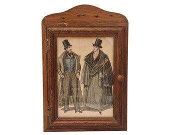 Framed Key Holder Cabinet with Antique Mens Fashion Art Print, Entryway and Hall Hanging Hooks