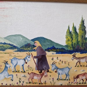 Female Goatherd with Flock of Goats in French Country Landscape Painting, Framed Rustic Farmhouse Art and Wall Decor image 3