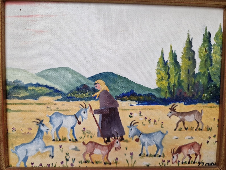 Female Goatherd with Flock of Goats in French Country Landscape Painting, Framed Rustic Farmhouse Art and Wall Decor image 3