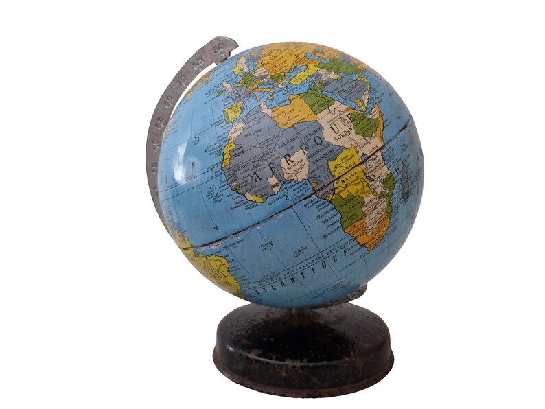 Mid Century Tin World Globe by Cartes Taride, Small Desk Top Earth Map image 2