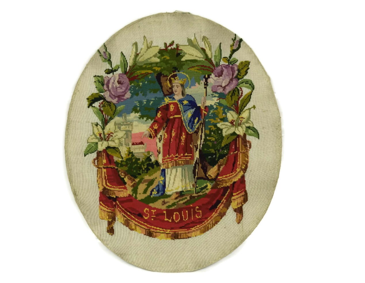 Antique French Tapestry of Saint Louis. Religious Antique Needlepoint 