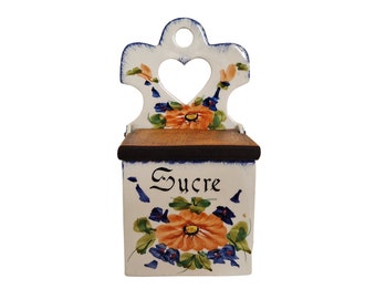 French Ceramic Sugar Canister with Hand Painted Flowers and Wooden Lid, Cottage Kitchen Storage Box