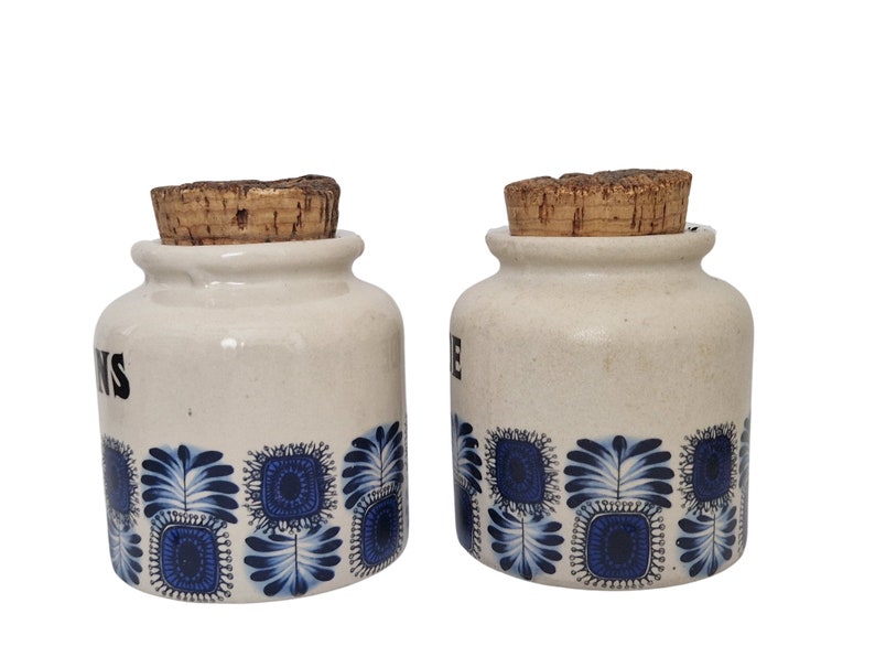 1970s Pottery Kitchen Crock Jar Set with Scandinavian Style Blue Leaf by LML in Palma Pattern, French Mustard & Pickle Stoneware Canisters image 4