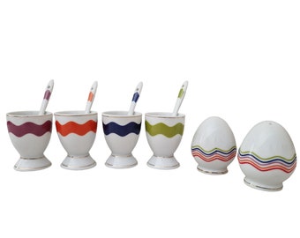 Egg Cups with Spoons and Salt and Pepper Shakers Set by Movitex, 1980s Rainbow Kitchen Breakfast Table Decor