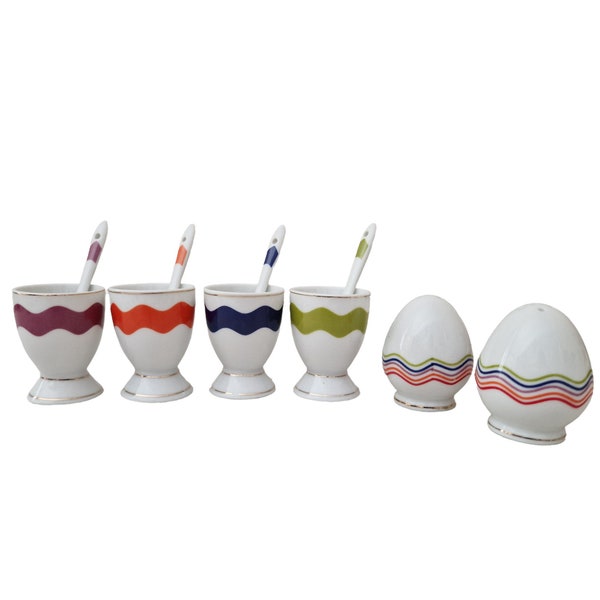 Egg Cups with Spoons and Salt and Pepper Shakers Set by Movitex, 1980s Rainbow Kitchen Breakfast Table Decor