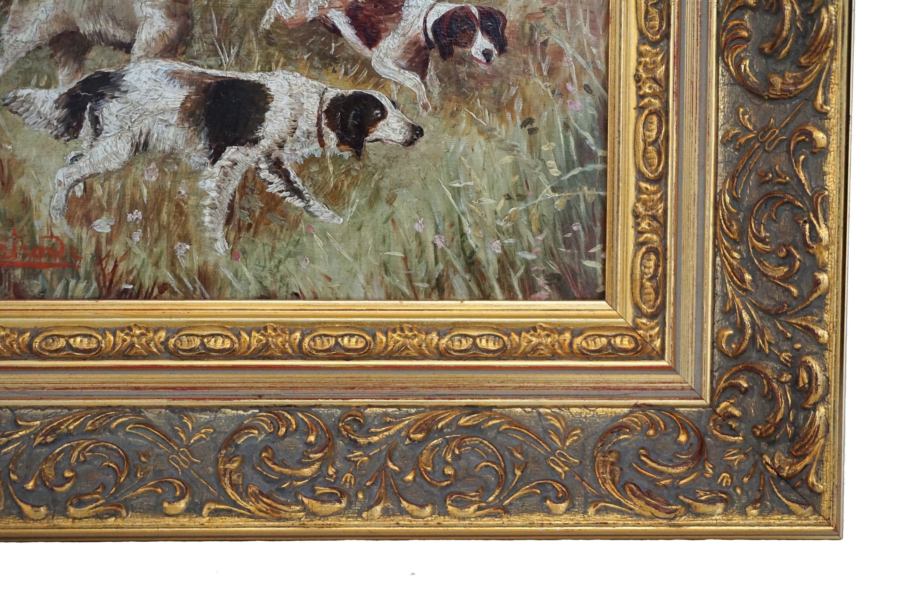 french-spaniel-hunting-dogs-oil-painting-in-gold-frame-antique