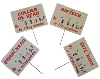 Butchers Meat Price Ticket Labels, Set of Vintage French Store Display Signs