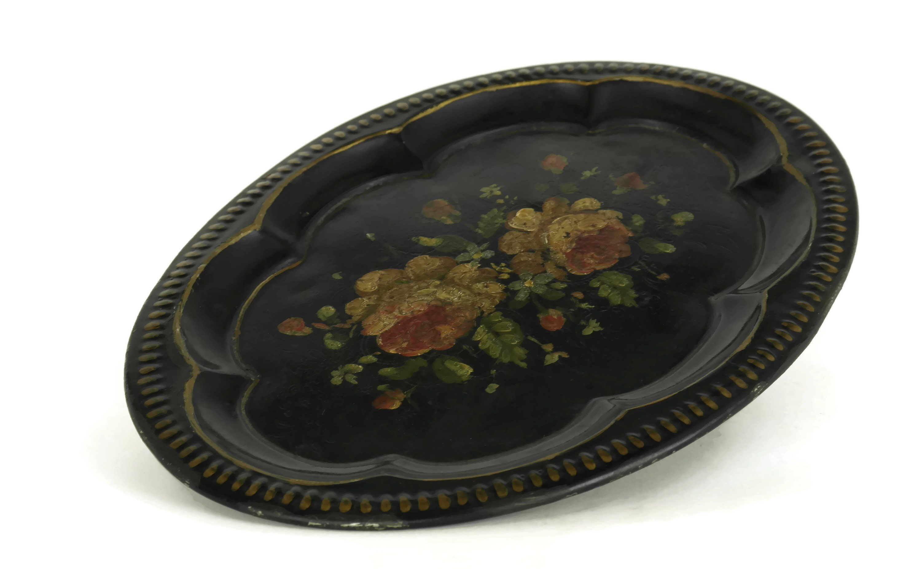 French Antique Tole Flower Tray. Shabby Rose Hand Painted Serving Tray