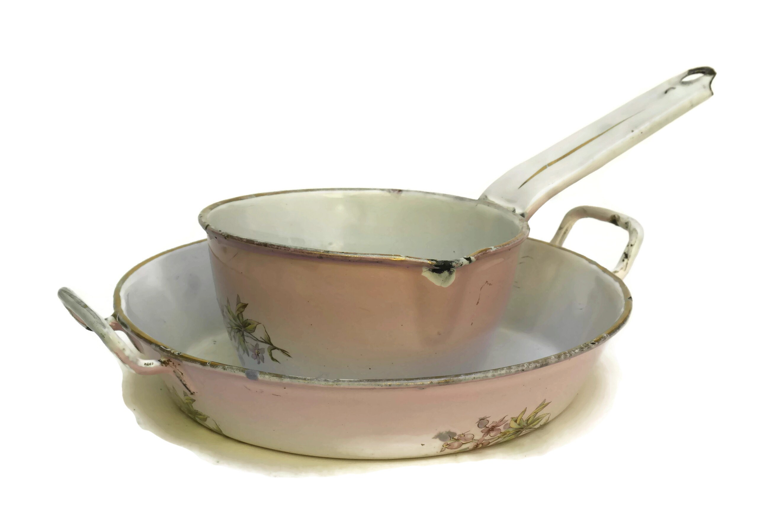 Shabby French Enamel Saucepan Set. Antique Pink Flower Enamelware Pans