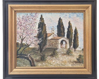 French Country Church Painting of Chapel Saint Sixte in Eygalieres, Framed Rustic Provencal Wall Art