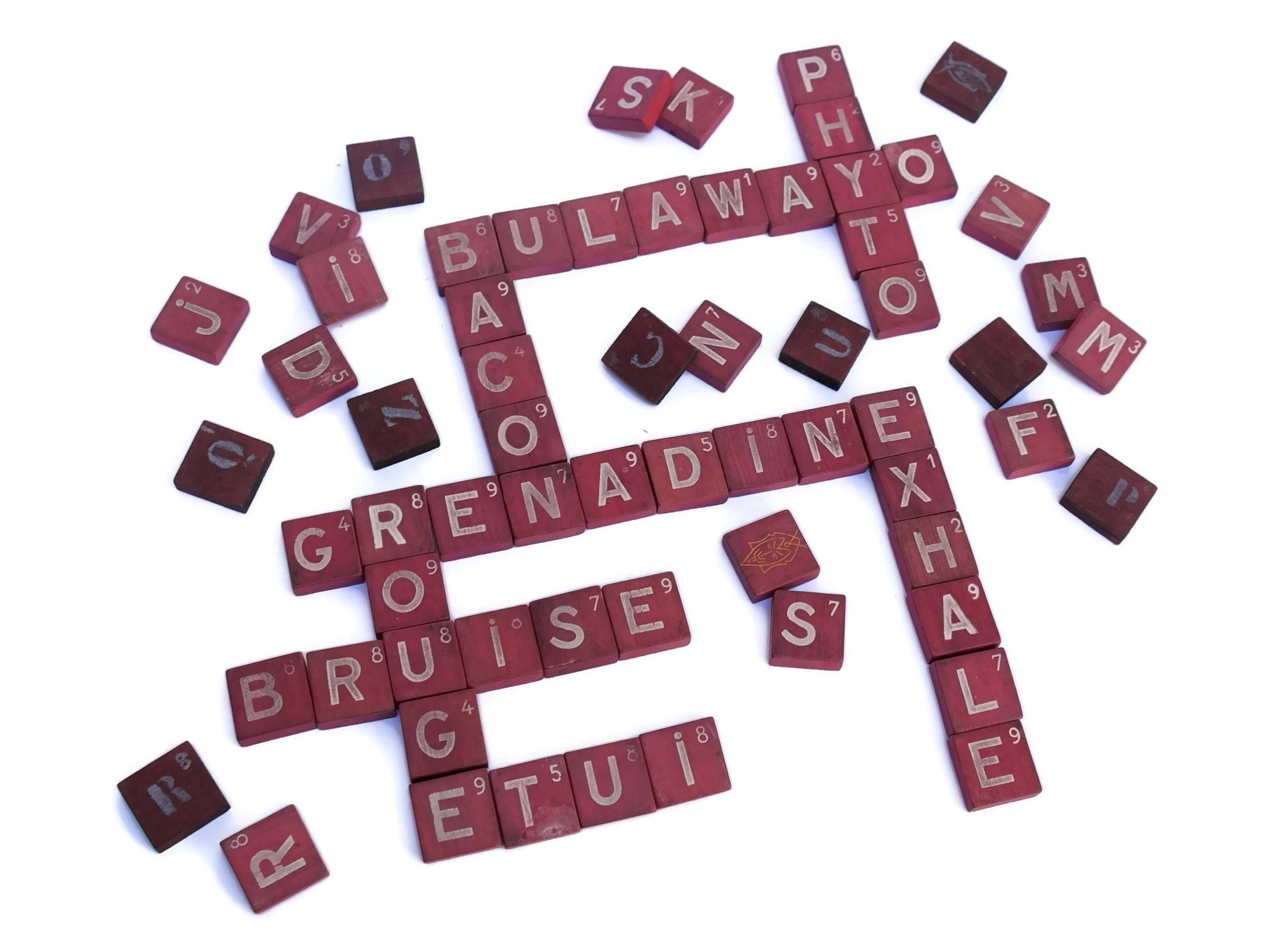 French Vintage Diamino Board Game. Red Wooden Letter Tiles. Crossword