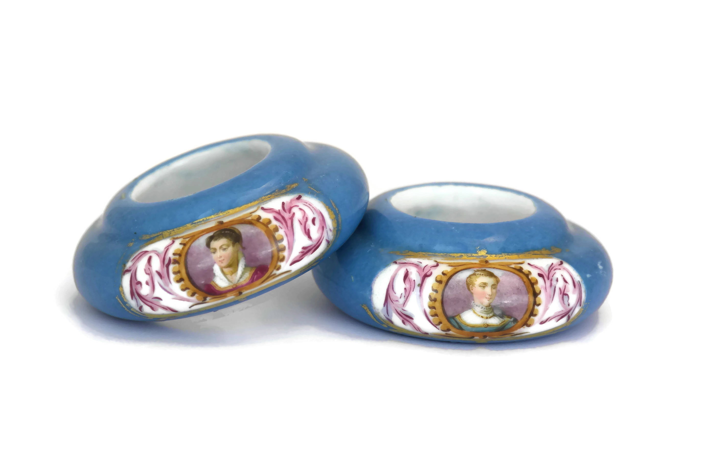 Antique Oil Lamp Rings. Hand Painted French Porcelain Women Portraits