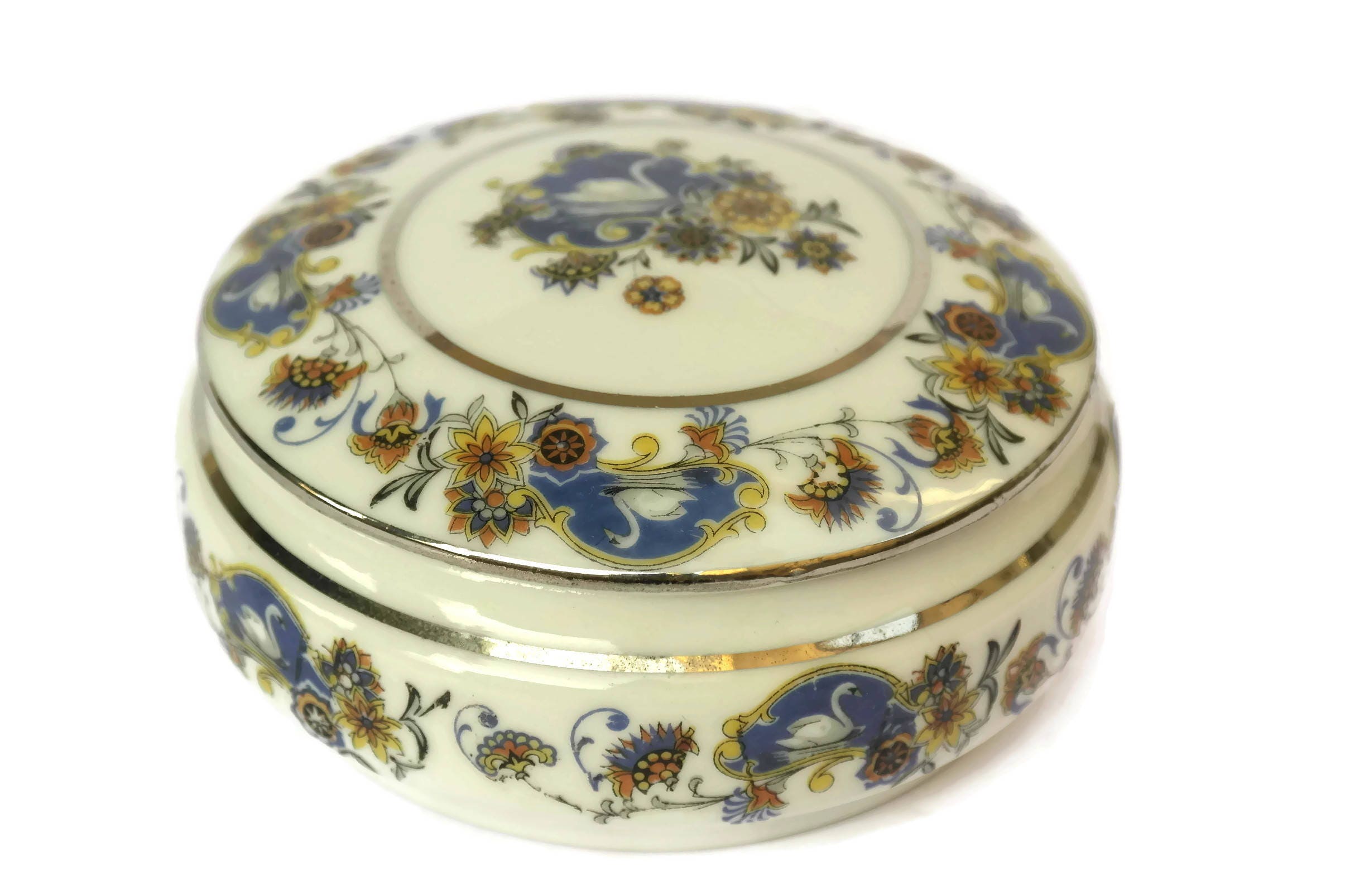 Limoges Porcelain Trinket Dish with Flowers and Swans. French Vintage