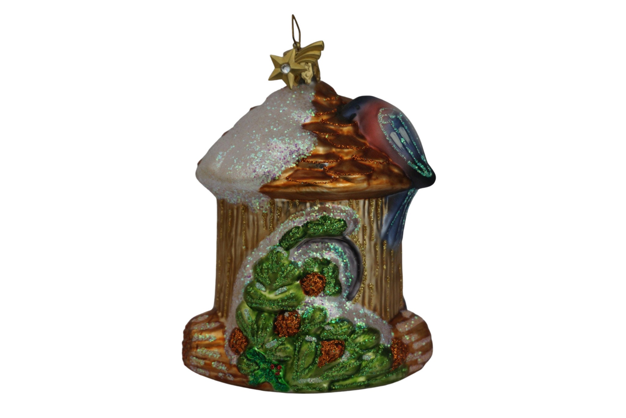 Vintage German Glass Christmas Tree Ornament with Birds and Birdhouse